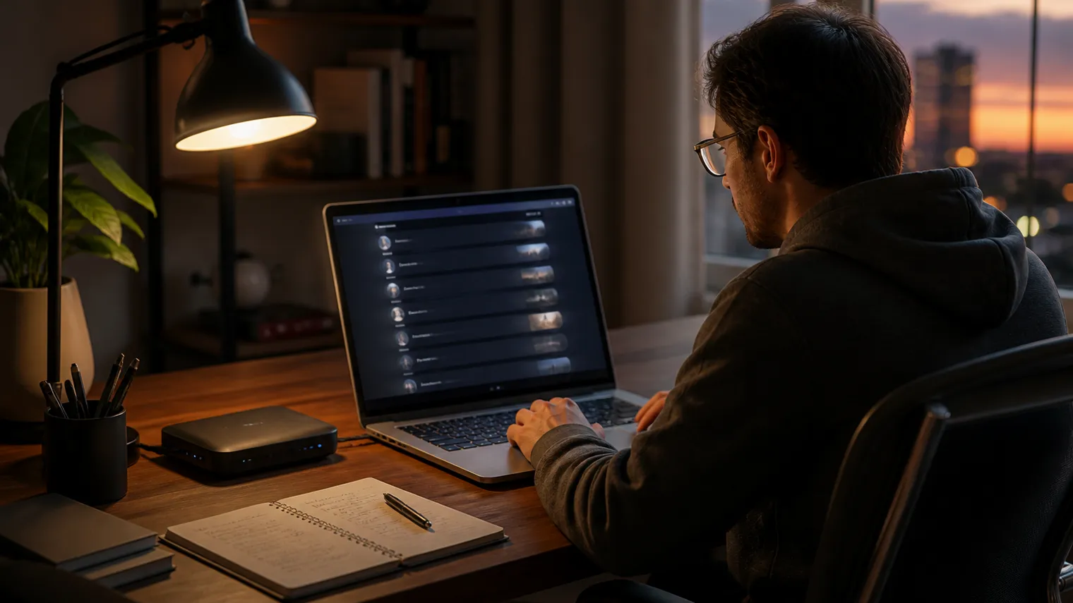 A user is focused on a laptop displaying vetted .onion sites in a cozy office.