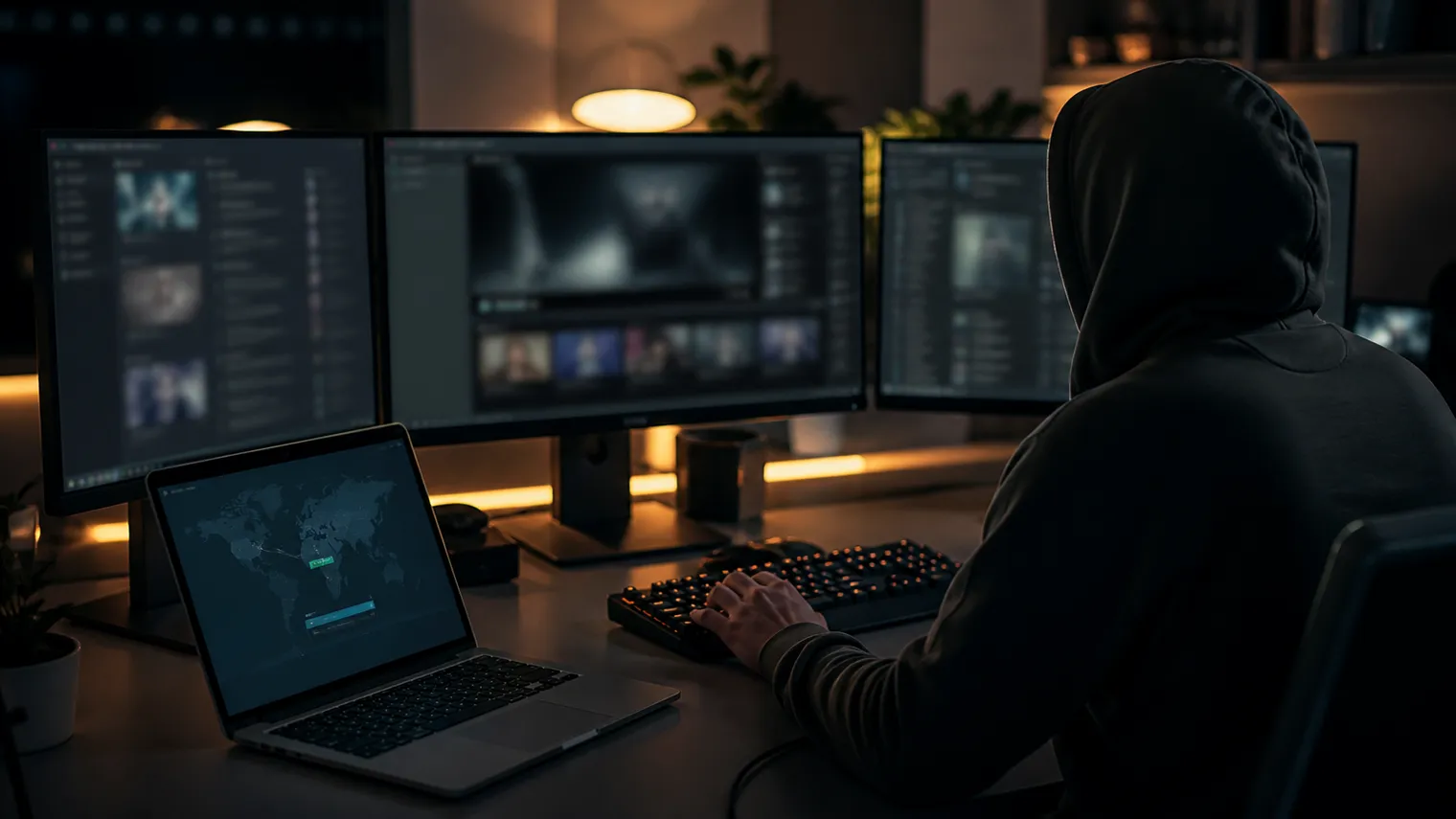 A user navigating the dark web on multiple screens in a modern workspace.