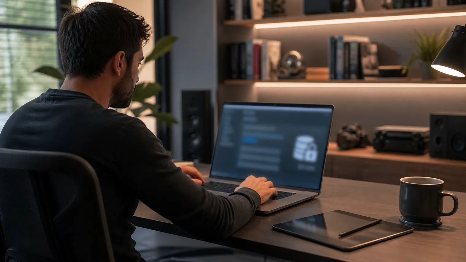 A user intensely researching private databases on a laptop in a stylish home office.