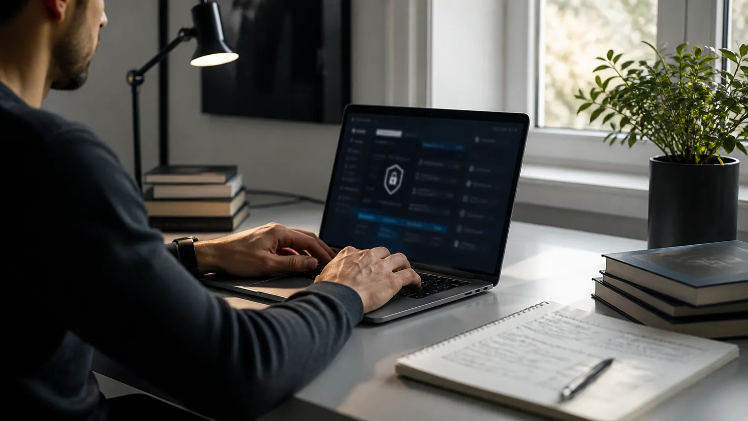 A user engaging with a secure database on their laptop in a cozy office setting.
