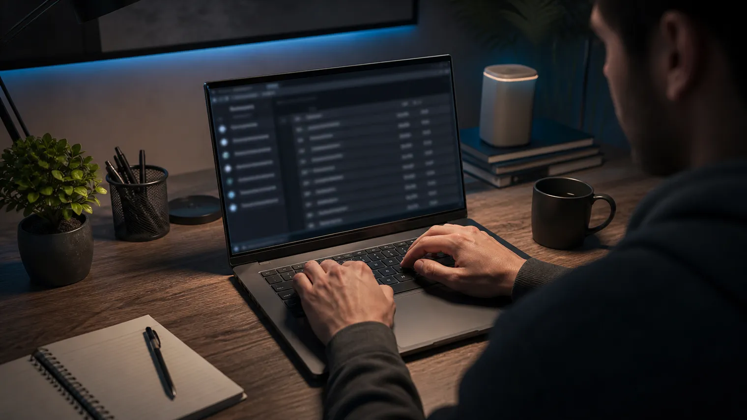 A user focused on navigating the Hidden Wiki on their laptop in a cozy home office.