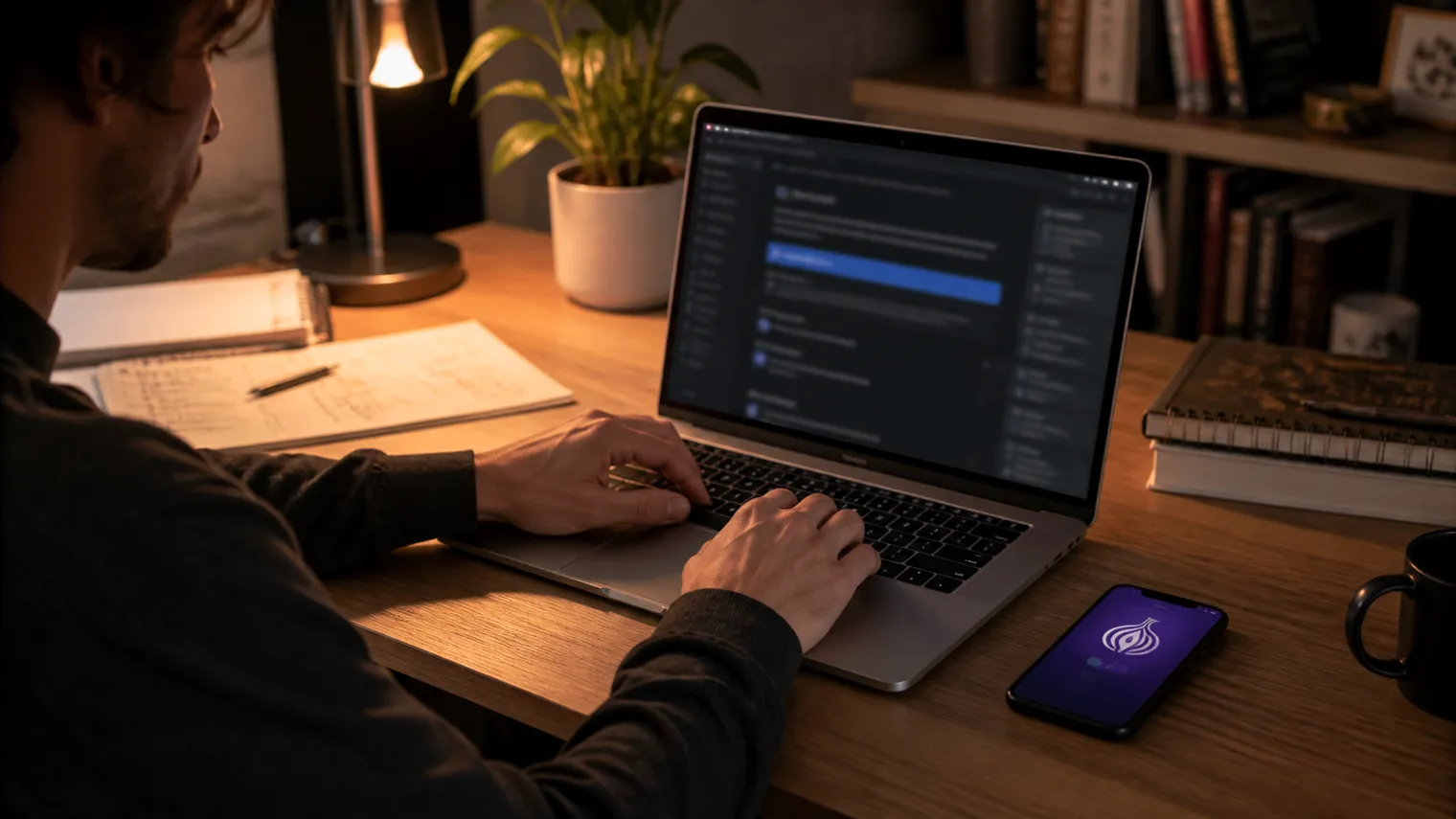 A user explores onion links on Reddit in a comfortable home office.