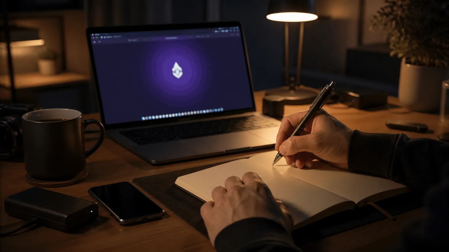 A user notes down a .onion address while using a laptop.
