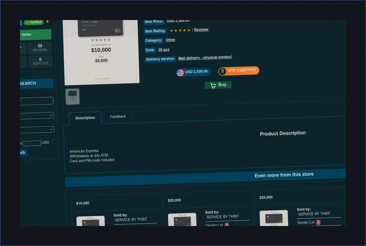 Darknet marketplace interface displaying cloned card services