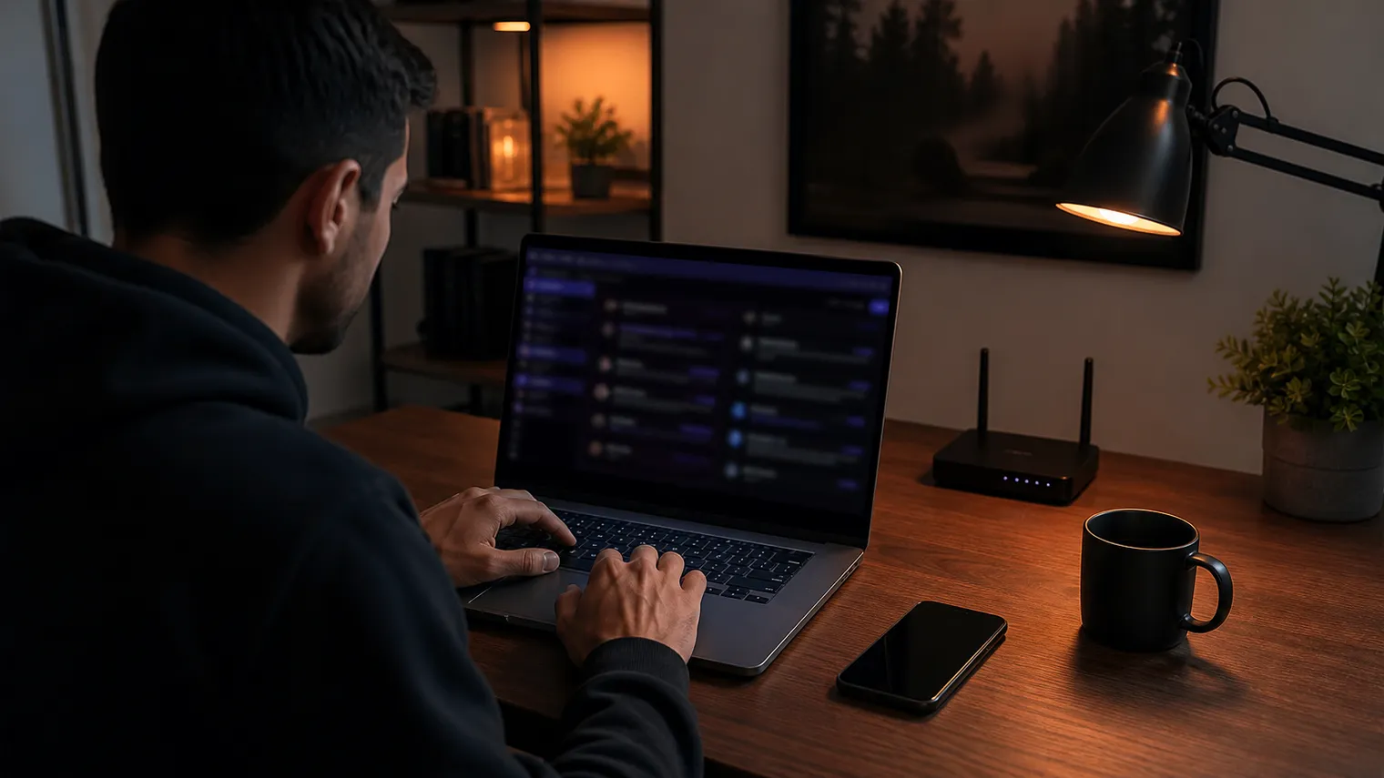 A user explores the darknet on a laptop using Tor Browser in a tech-savvy environment.